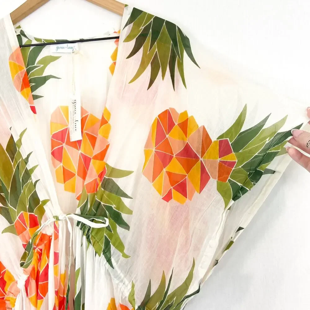 NEW Women's Pineapple Print Swim Coverup Cotton Duster Cardigan Lightweight M - Picture 4 of 8